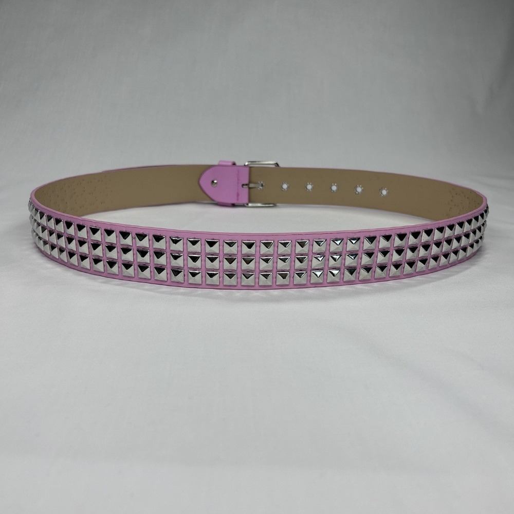 Pink Faux Leather Studded Belt 3 Row Silver Pyramid Studs Punk Emo NWOT - Picture 2 of 7
